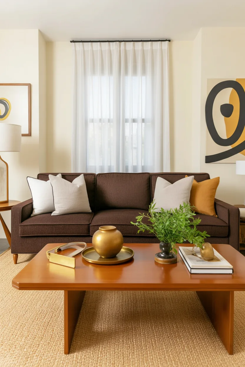 Brown sofa living room with cozy neutral decor