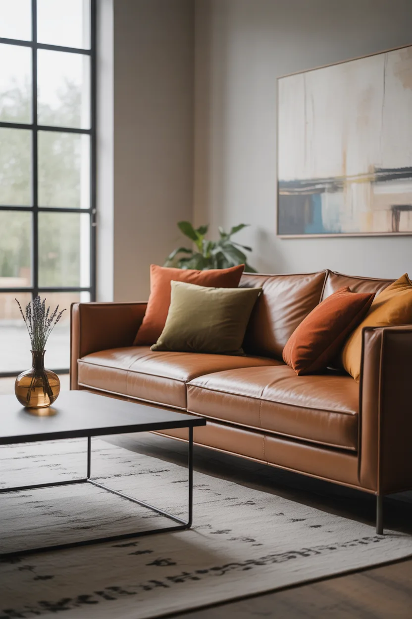 Brown sofa living room styled with modern touches