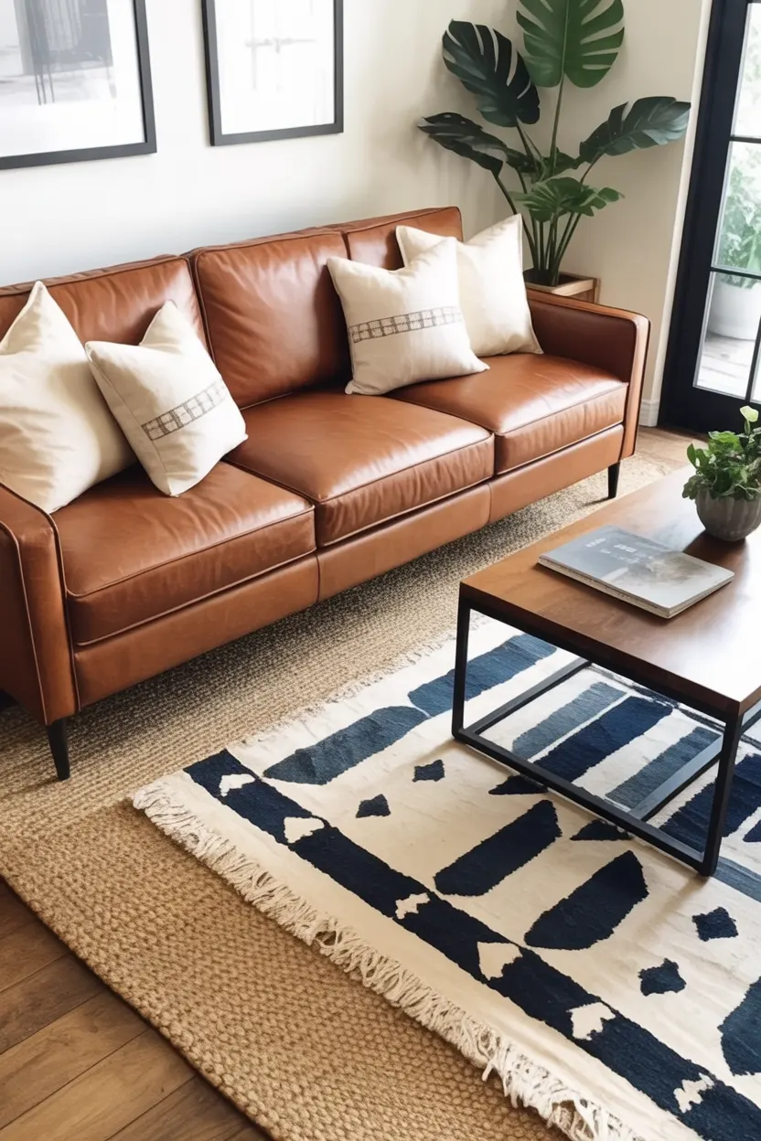 Brown sofa living room styled with minimal decor