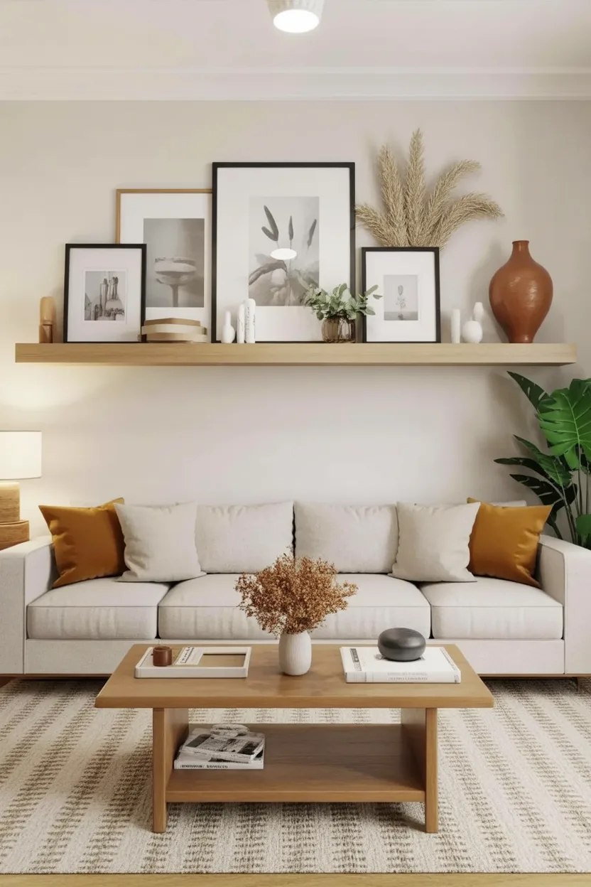 This decor design represents a floating shelf idea for the living room