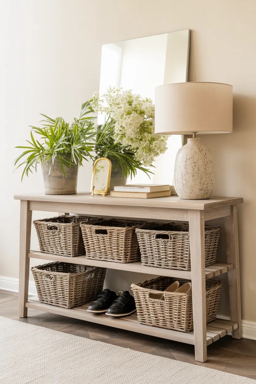 This design highlights entryway shoe storage ideas to make the most of empty spaces