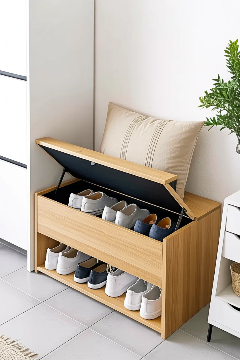 This design highlights entryway shoe storage ideas to make the most of empty spaces