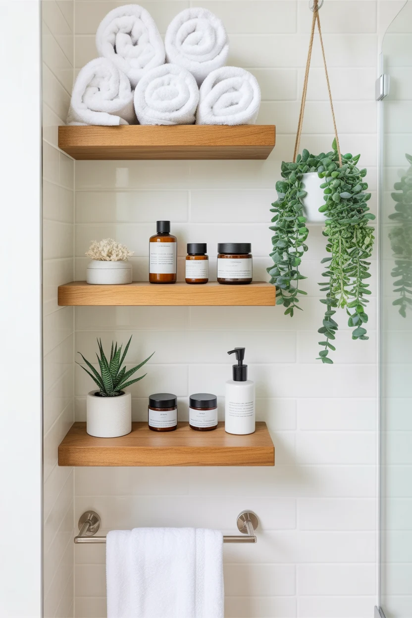 This design highlights bathroom open shelving storage ideas to make the most of empty spaces