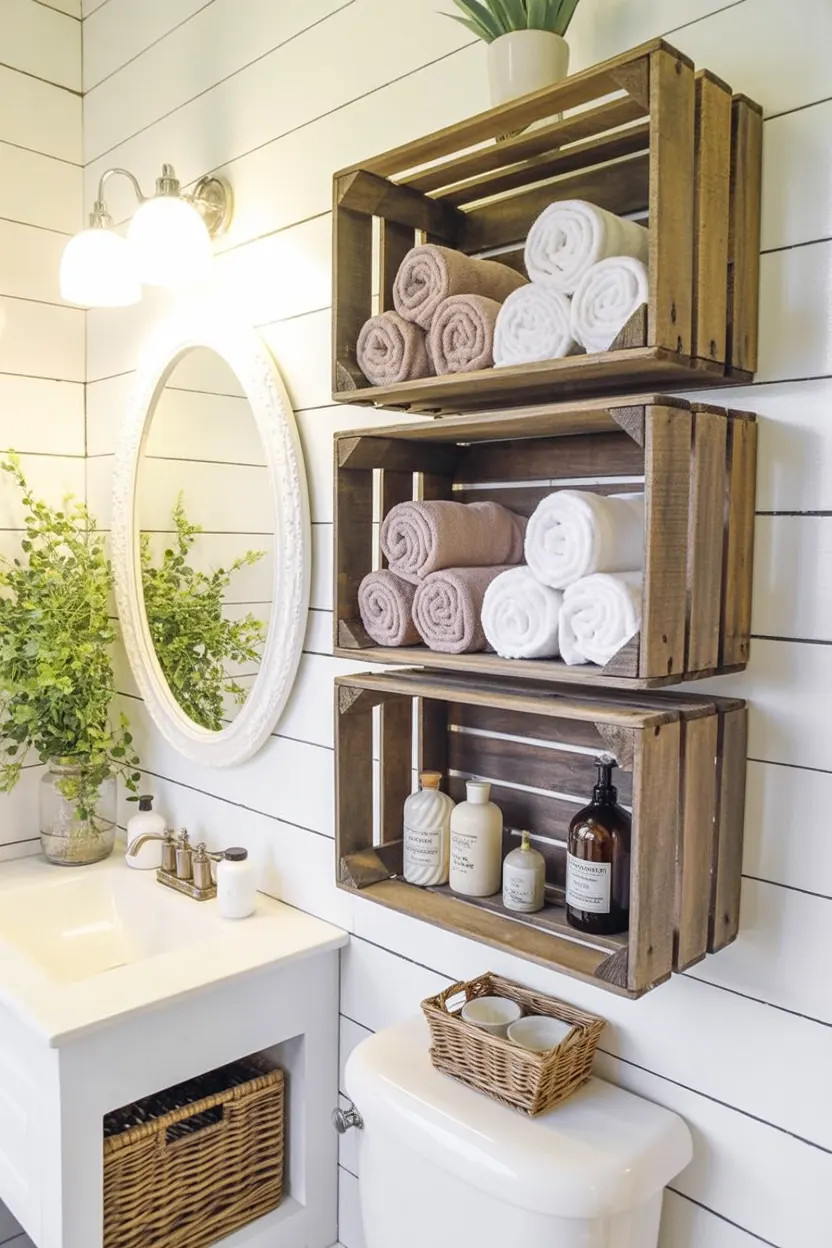 This design highlights bathroom open shelving storage ideas to make the most of empty spaces