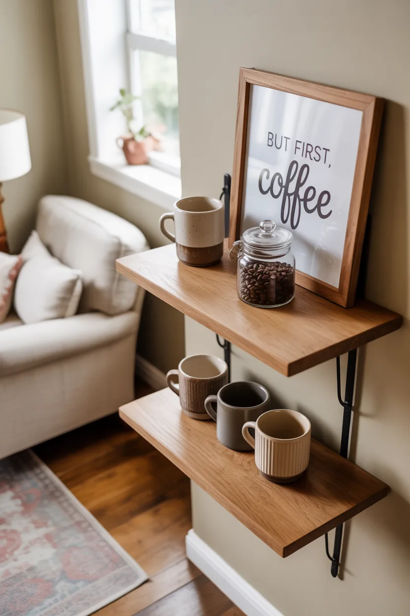 This decor design represents a floating shelf idea for the living room