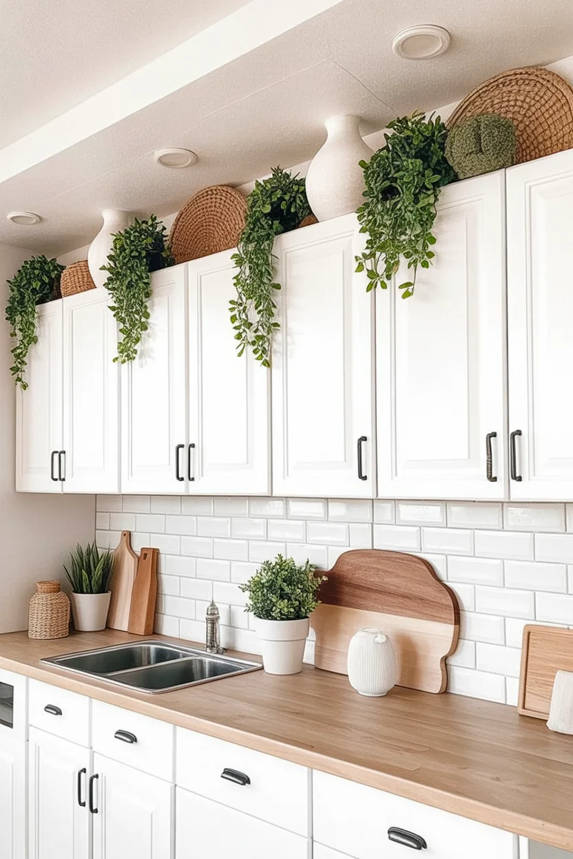 This decor design represents above kitchen cabinet decor ideas to style empty spaces