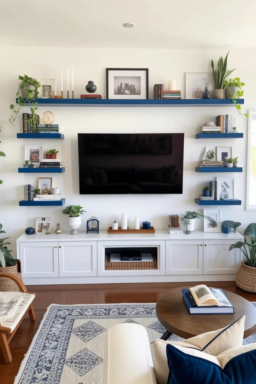 This decor design represents a floating shelf idea for the living room