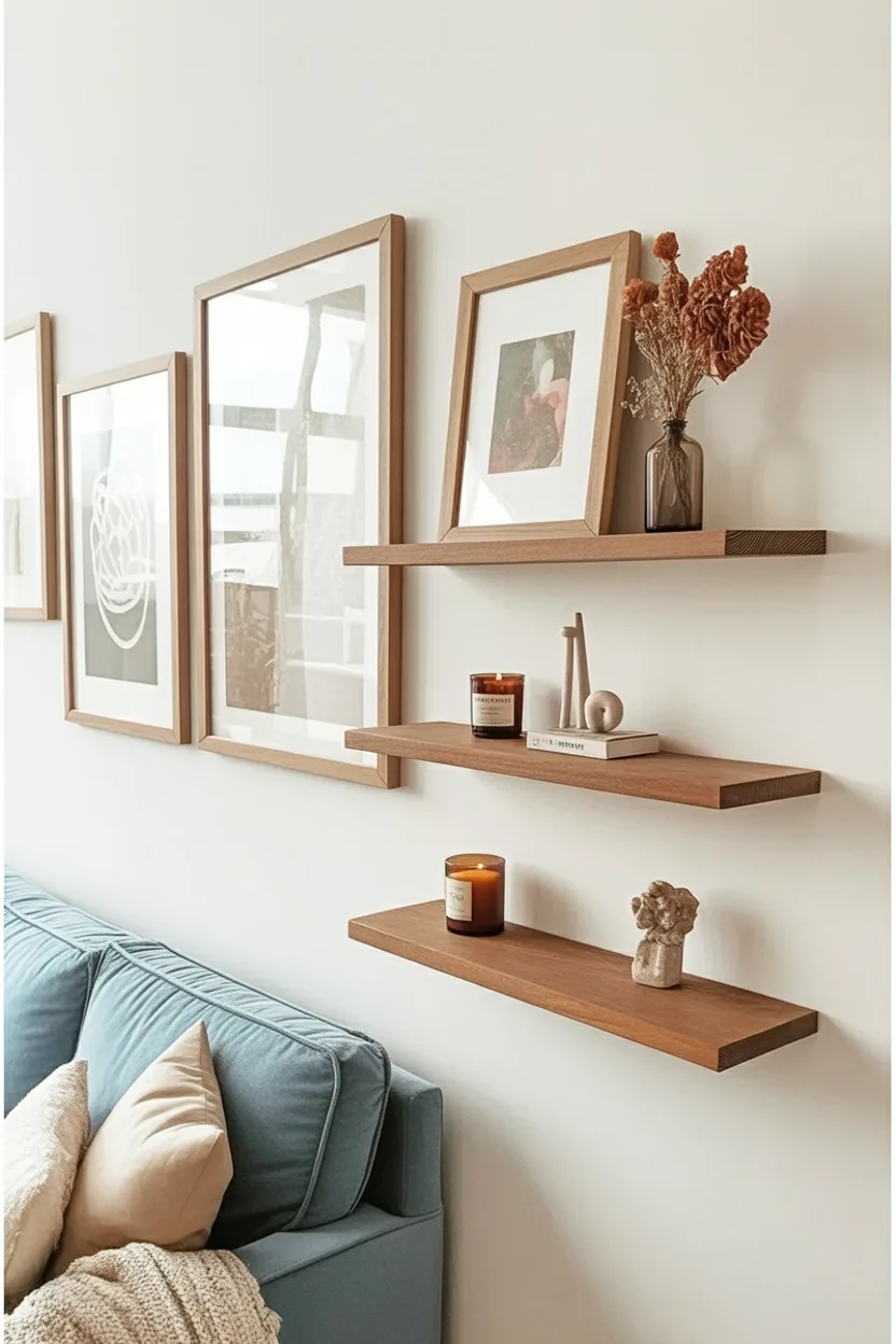 This decor design represents a floating shelf idea for the living room