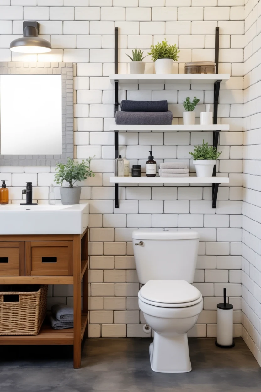 This design highlights bathroom open shelving storage ideas to make the most of empty spaces