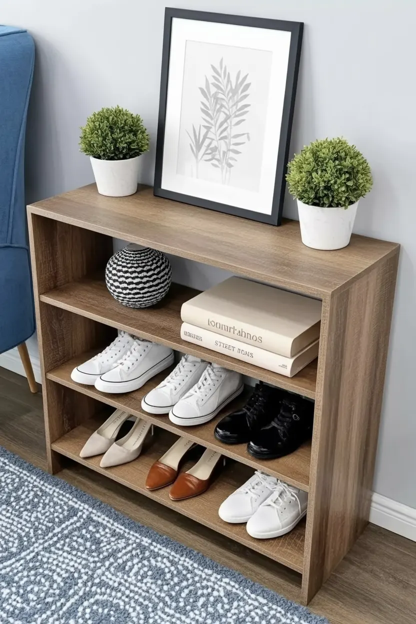 This design highlights entryway shoe storage ideas to make the most of empty spaces