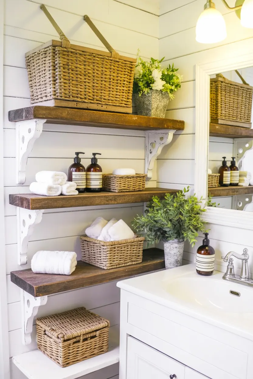 This design highlights bathroom open shelving storage ideas to make the most of empty spaces
