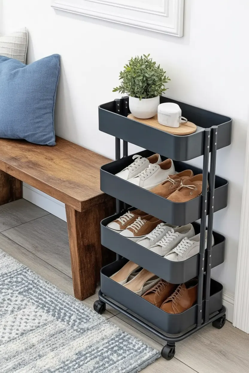 This design highlights entryway shoe storage ideas to make the most of empty spaces