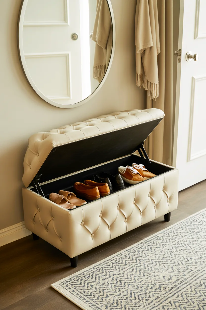 This design highlights entryway shoe storage ideas to make the most of empty spaces