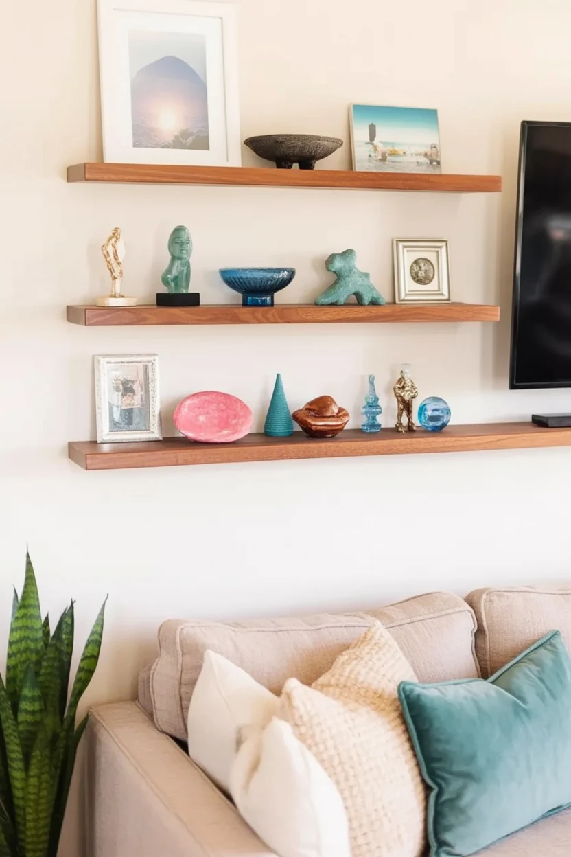 This decor design represents a floating shelf idea for the living room
