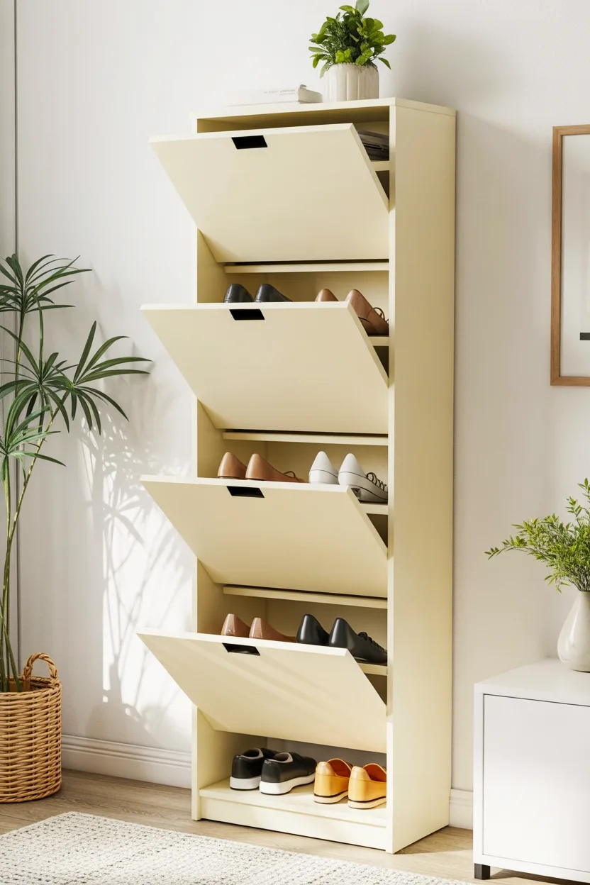 This design highlights entryway shoe storage ideas to make the most of empty spaces