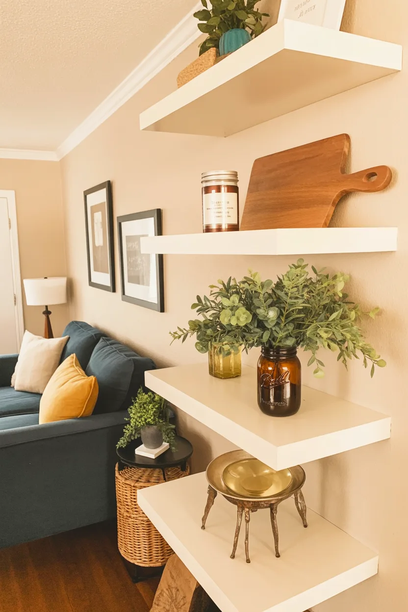 This decor design represents a floating shelf idea for the living room