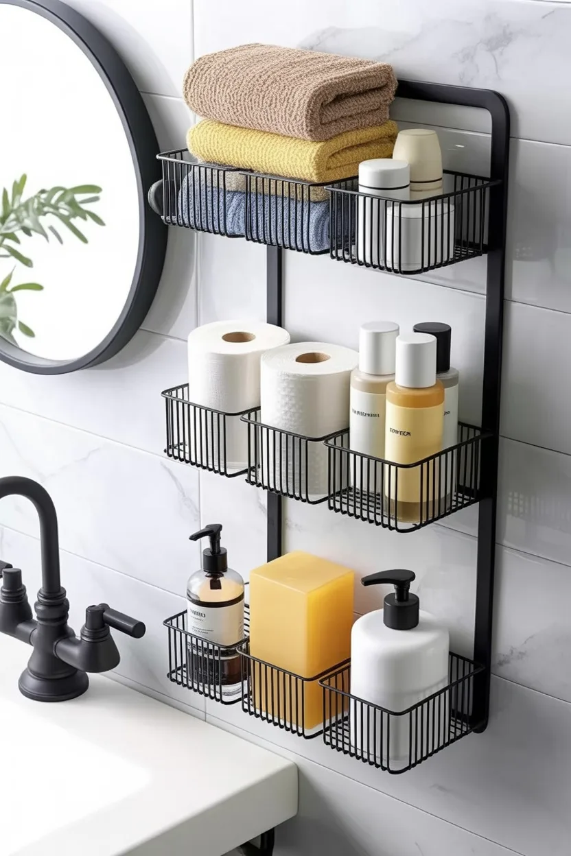 This design highlights bathroom open shelving storage ideas to make the most of empty spaces
