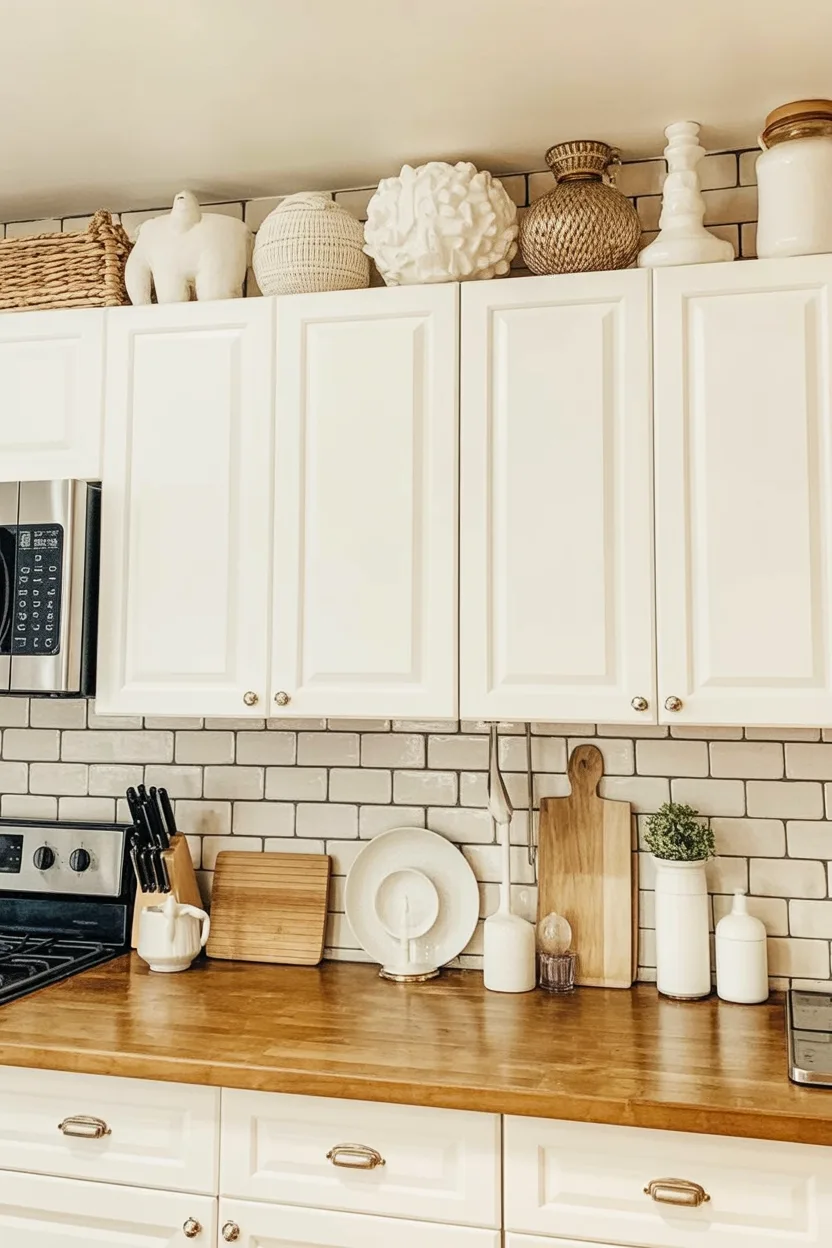 This decor design represents above kitchen cabinet decor ideas to style empty spaces