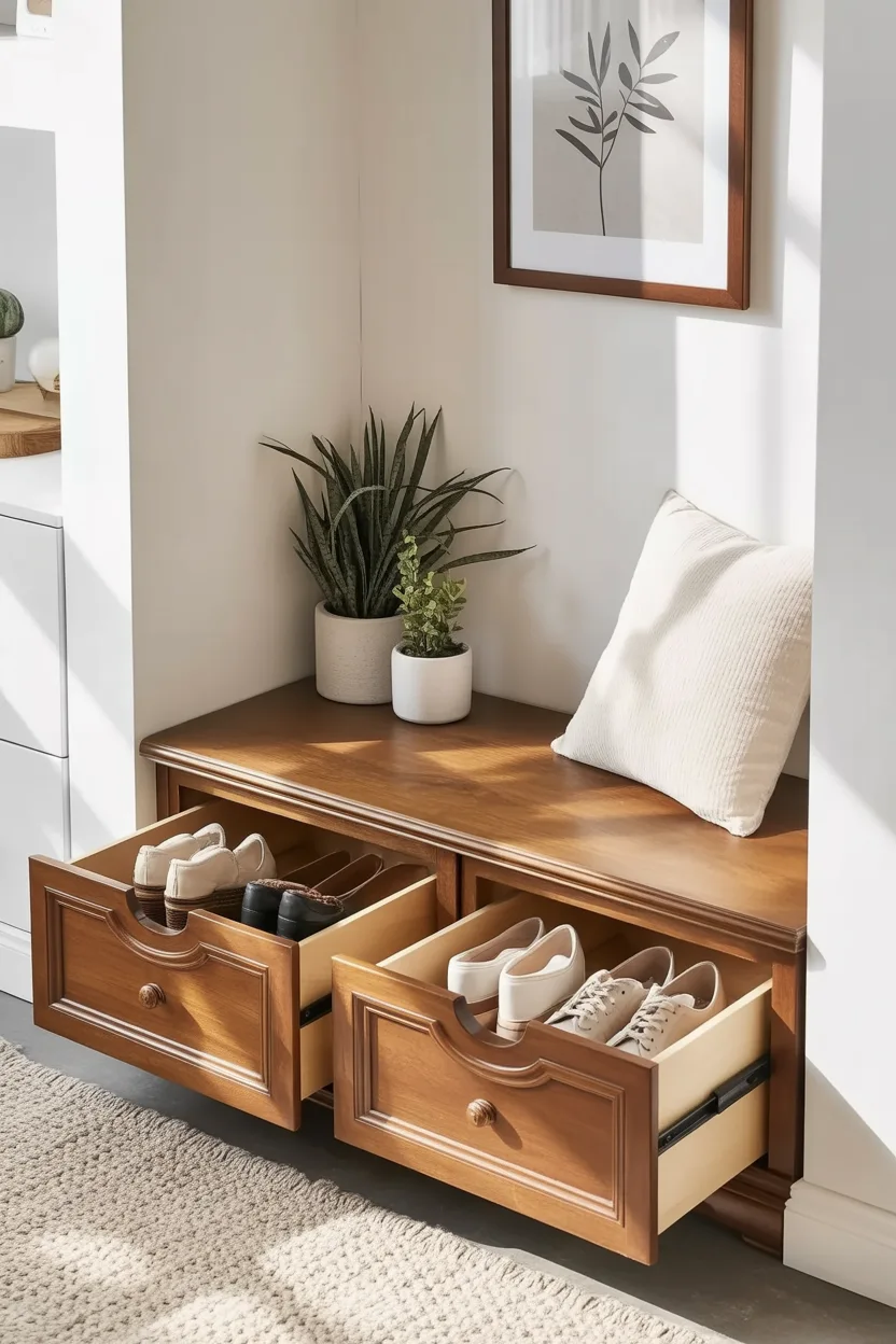 This design highlights entryway shoe storage ideas to make the most of empty spaces
