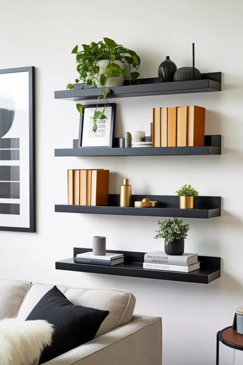 This decor design represents a floating shelf idea for the living room