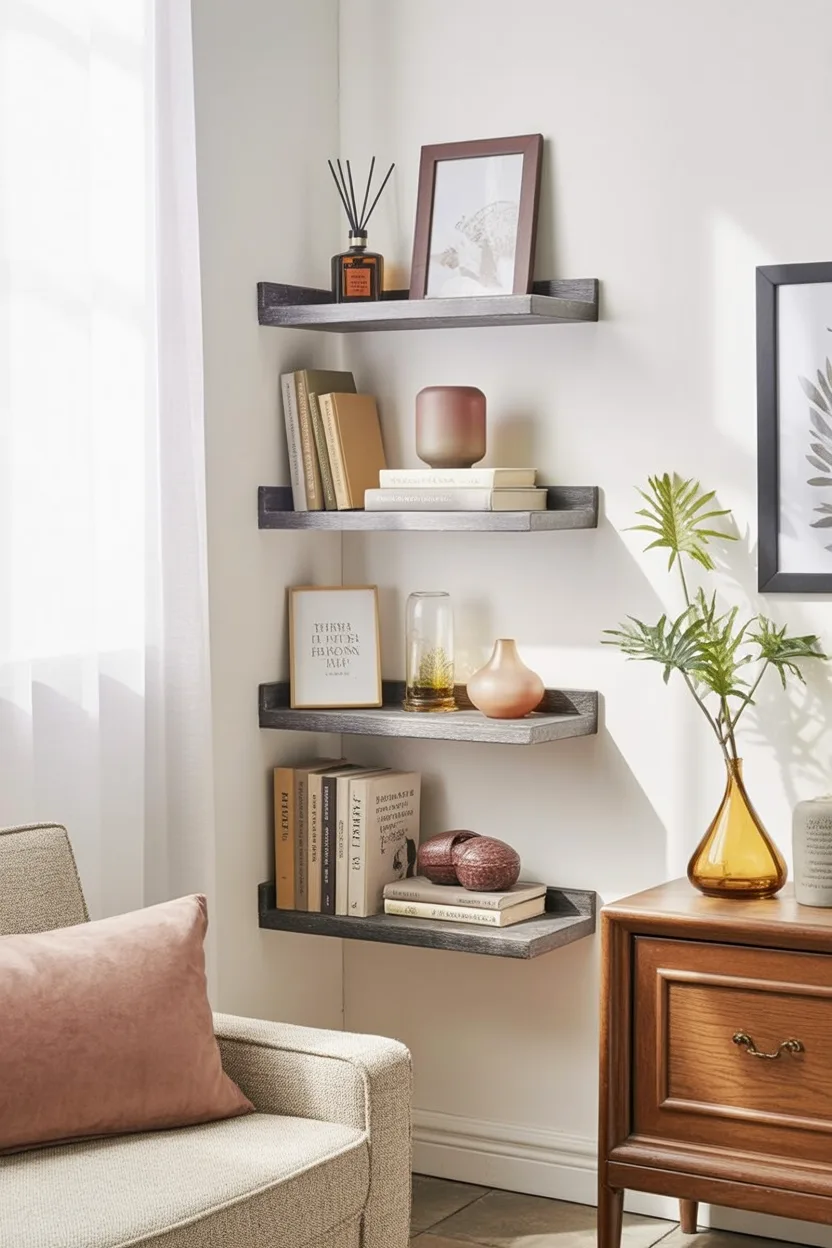 This decor design represents a floating shelf idea for the living room